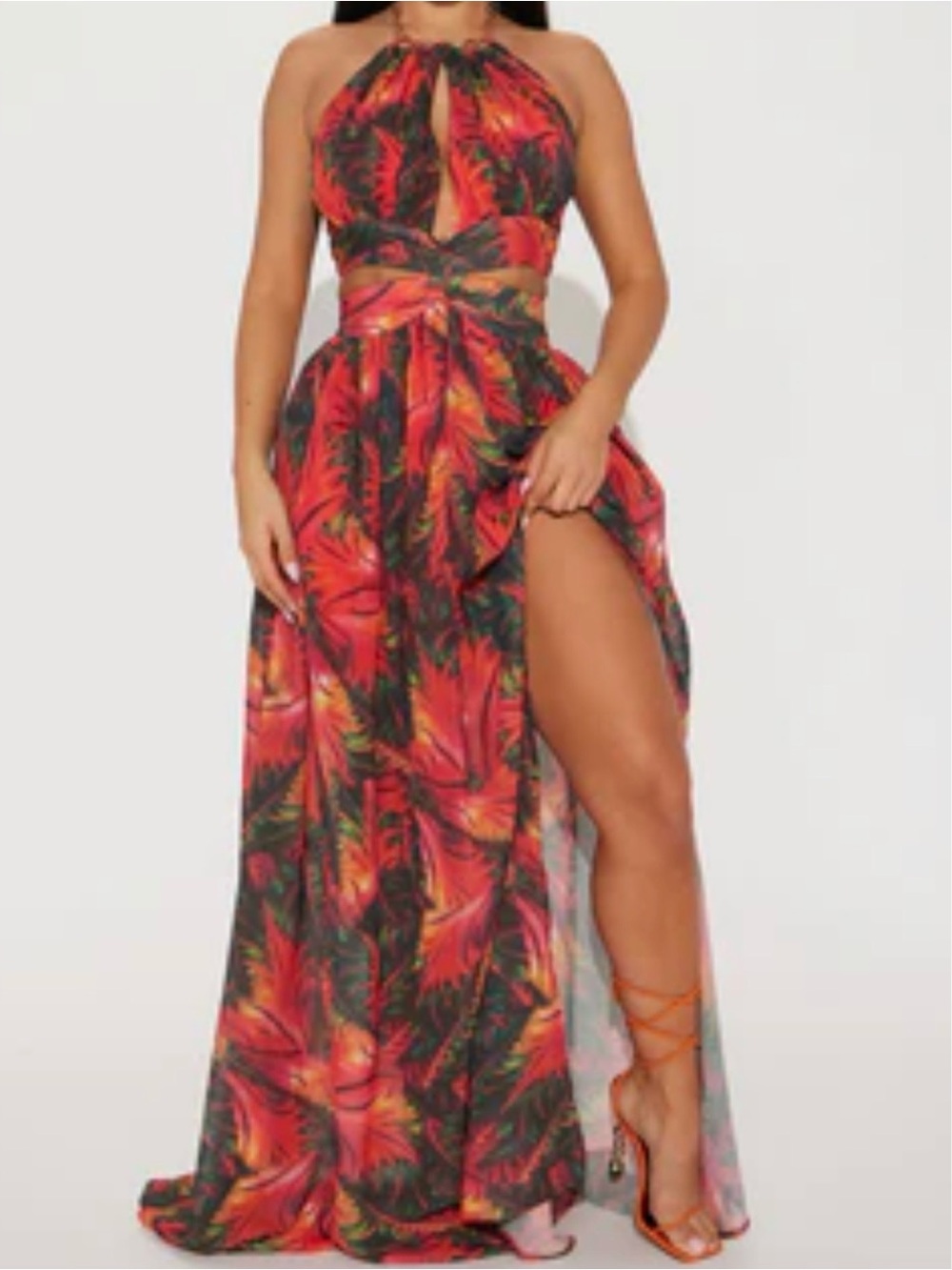 Fashion Nova Red Tropical Halter High-Low Maxi Dress